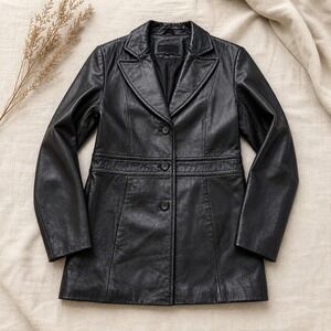 Colebrook Essentials Womens Black Leather Blazer Jacket Coat Medium 3-Button M